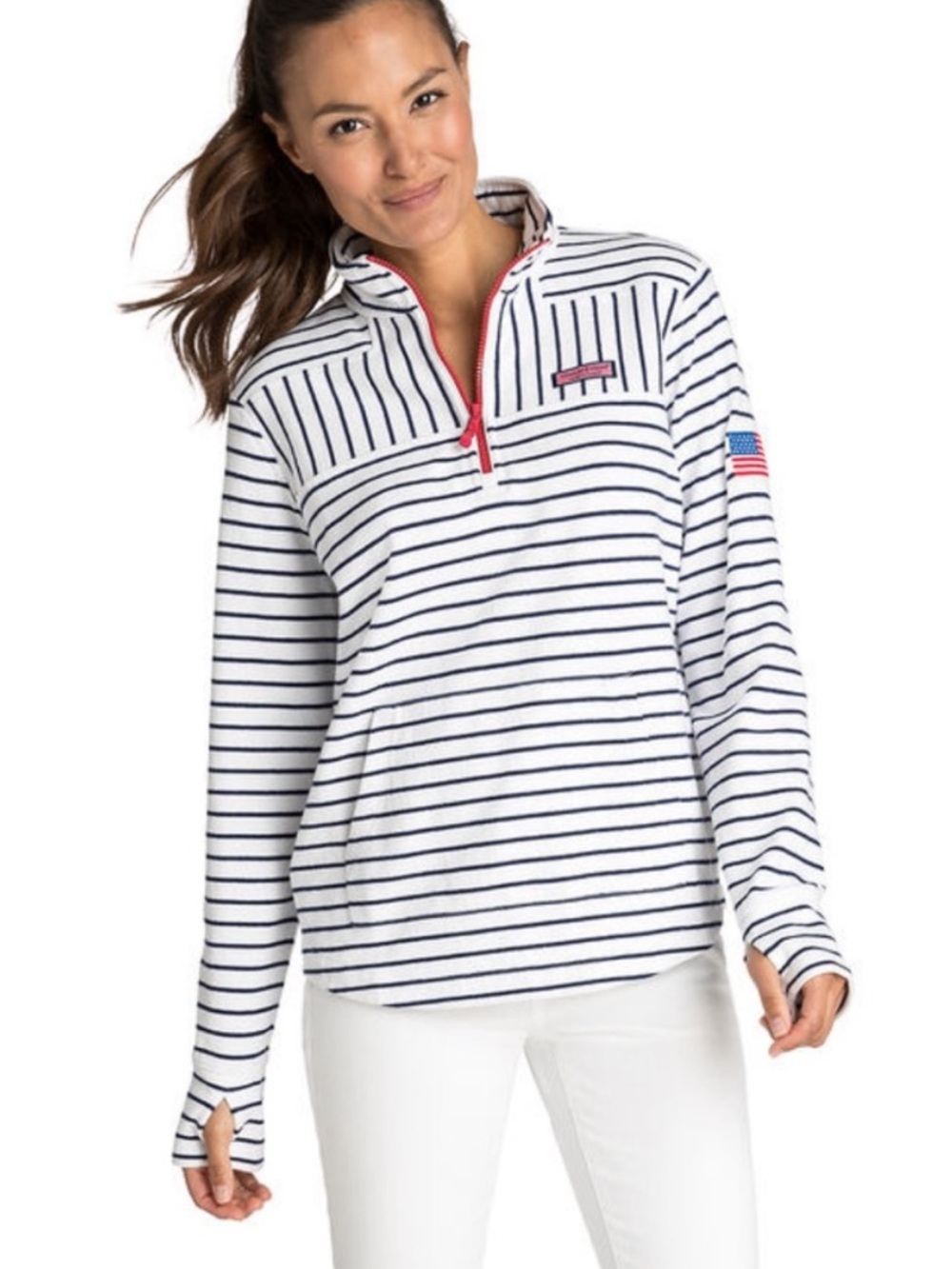 Polo by Ralph Lauren Navy & White Striped Quarter-Zip Pullover with Pink Trim